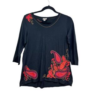 J. Jill Womens Top Shirt Paisley Floral Embroidered 3/4 Sleeve‎ Black Sz S P